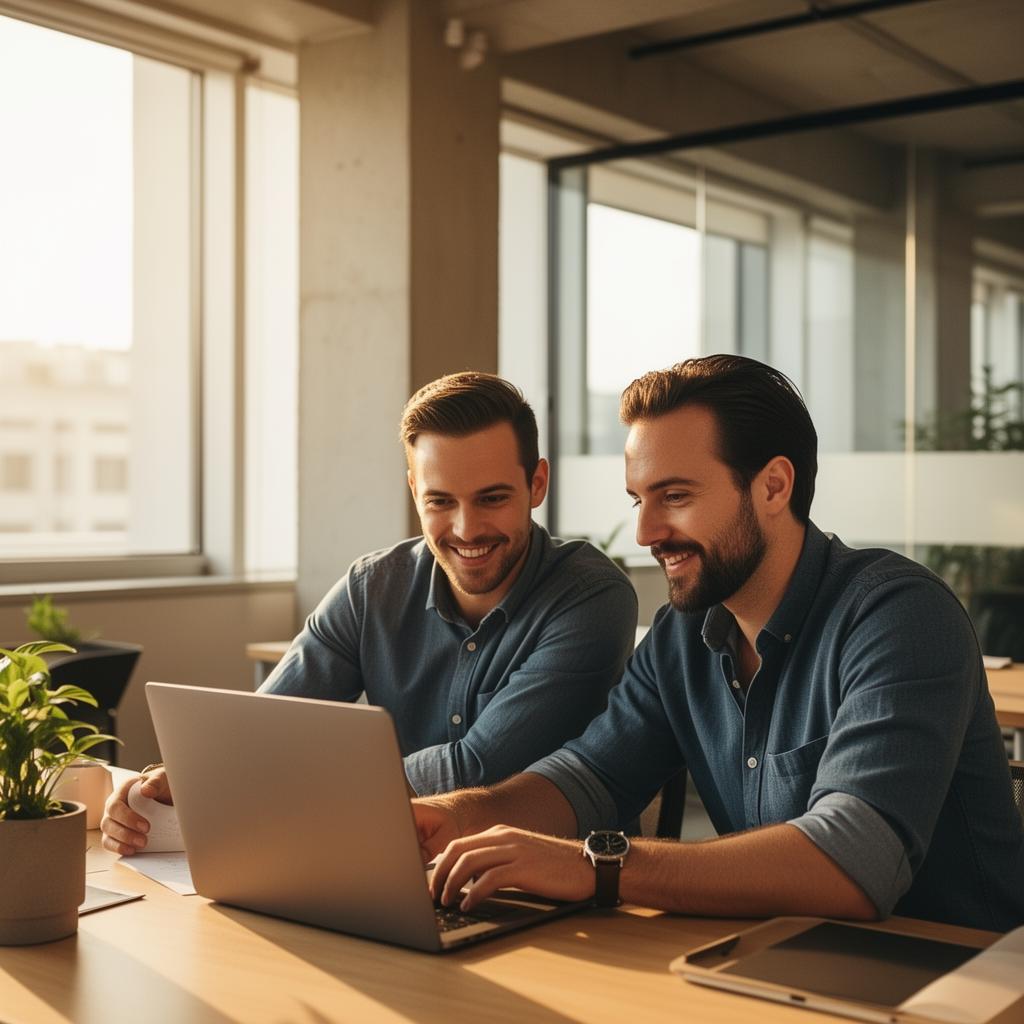 Two people collaborating at a laptop